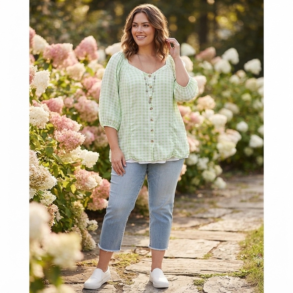 Torrid Gingham Blouse Womens 3‎ Green White Square Neck Button Front Cottagecore